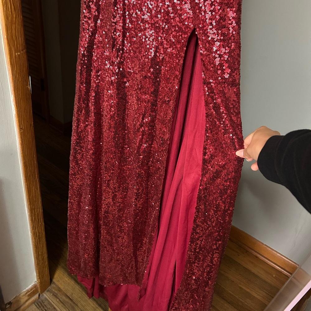 Red Sequin Ruched Prom Gown - Picture 2 of 4